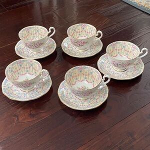 Set of 5 Vintage Royal Bridal Gown Queen Anne Bone China England Cups & Saucers